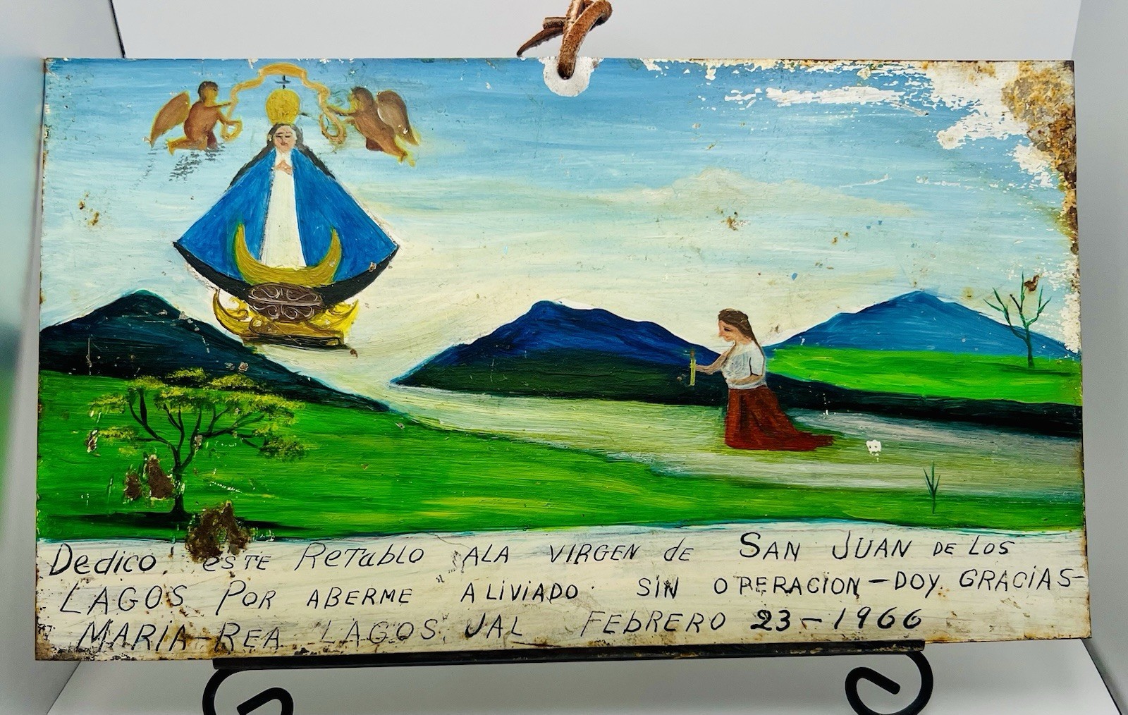 1966 Mexican Ex Voto Painting on Tin Retablo Folk Art 6 1/4 X 10 3:4”