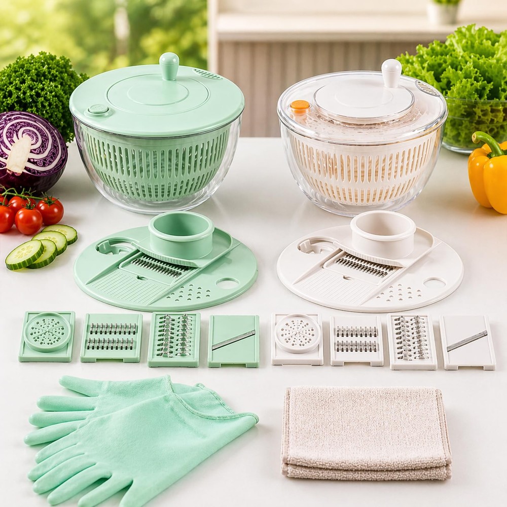 Large Capacity Multi-function Salad Spinner,6-in-1 Salad Spinner & Vegetable Cho