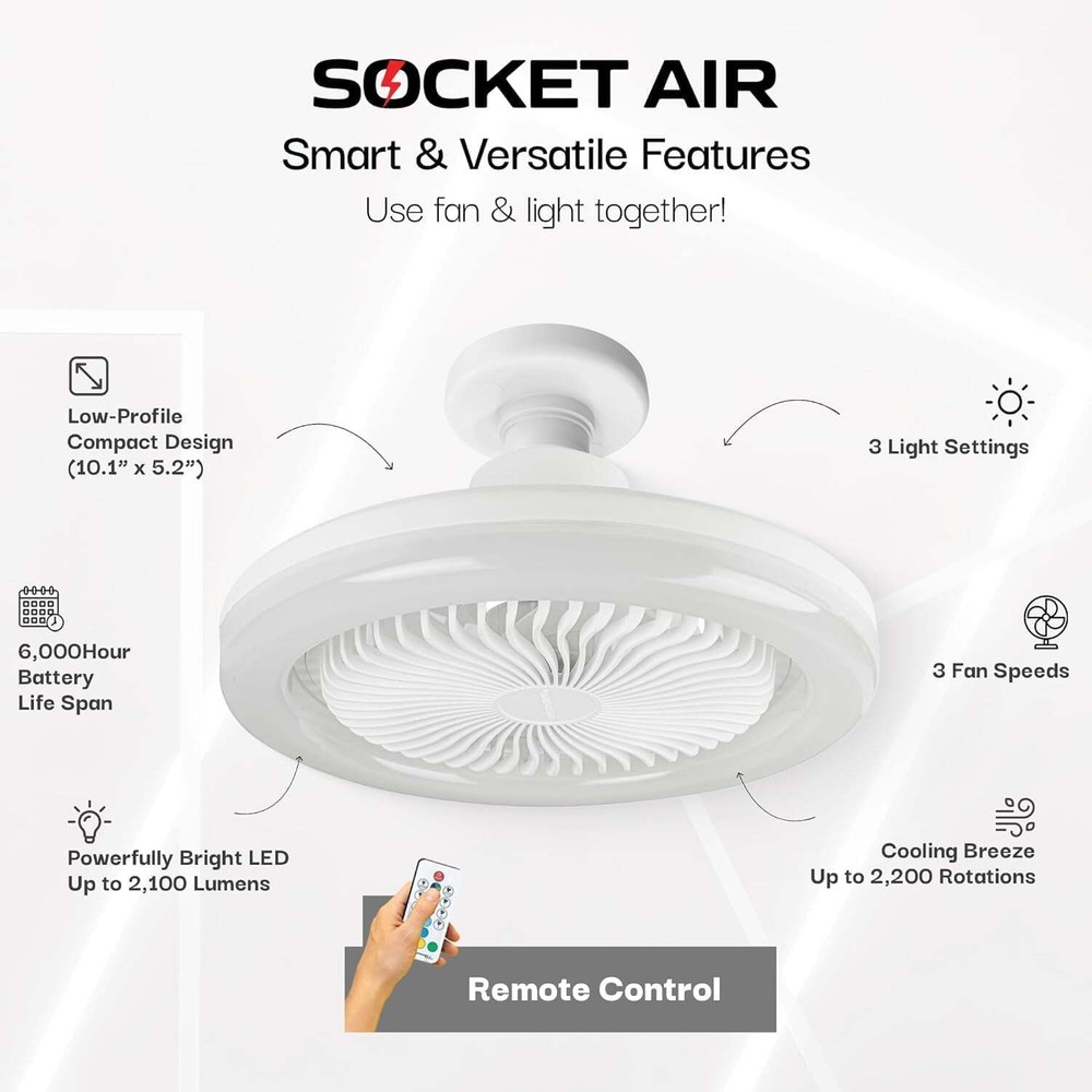 Bell + Howell Socket Fan Ceiling Fan Light Indoor with Remote Dimmable LED