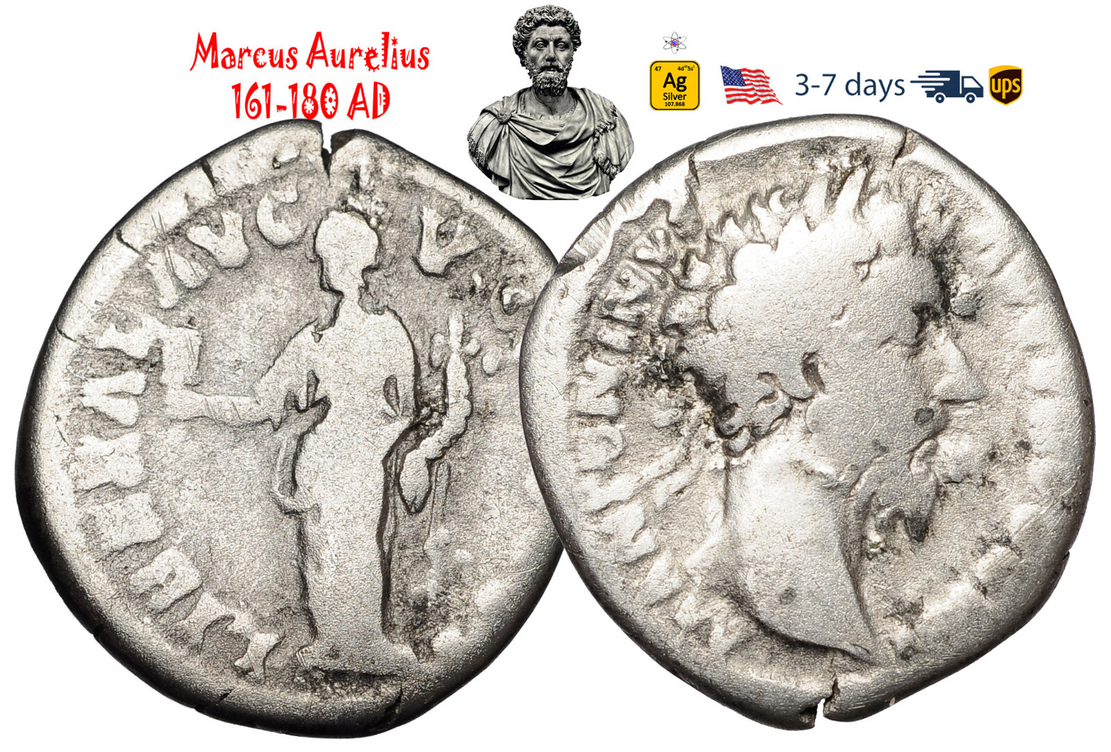 Ancient Roman Empire Coin Silver Denarius Marcus Aurelius 161 180 AD #32014