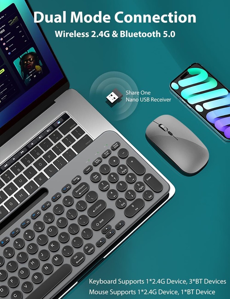 99-Key Wireless Keyboard & Mouse Combo Retro Round Keycaps for Mac/PC Black Grey