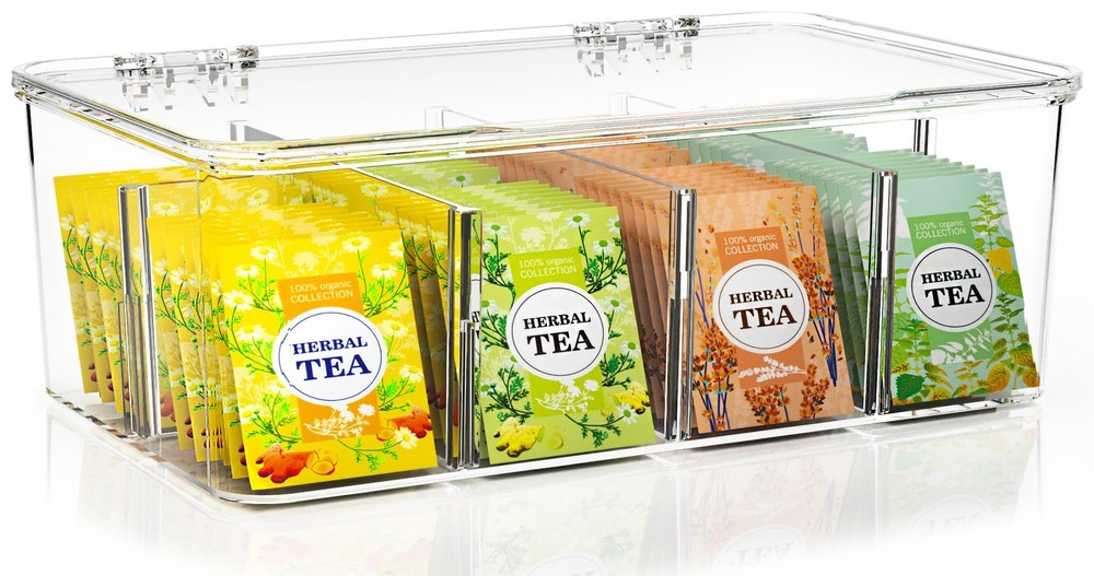 Tea Bag Organizer With Lids, 1 Pack Clear Pantry Storage Box  Stackable Part...