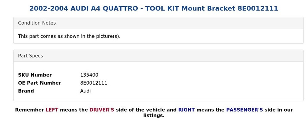 2002-2004 AUDI A4 QUATTRO - TOOL KIT Mount Bracket 8E0012111