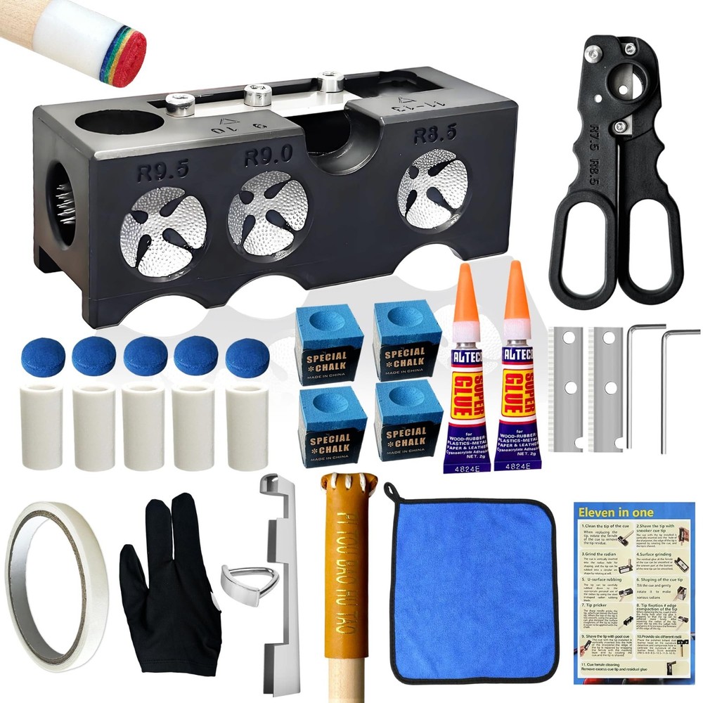 11-in-1 Pool Cue Tip Repair Kit Tool Set - Shape, Replace, Maintain Billiards