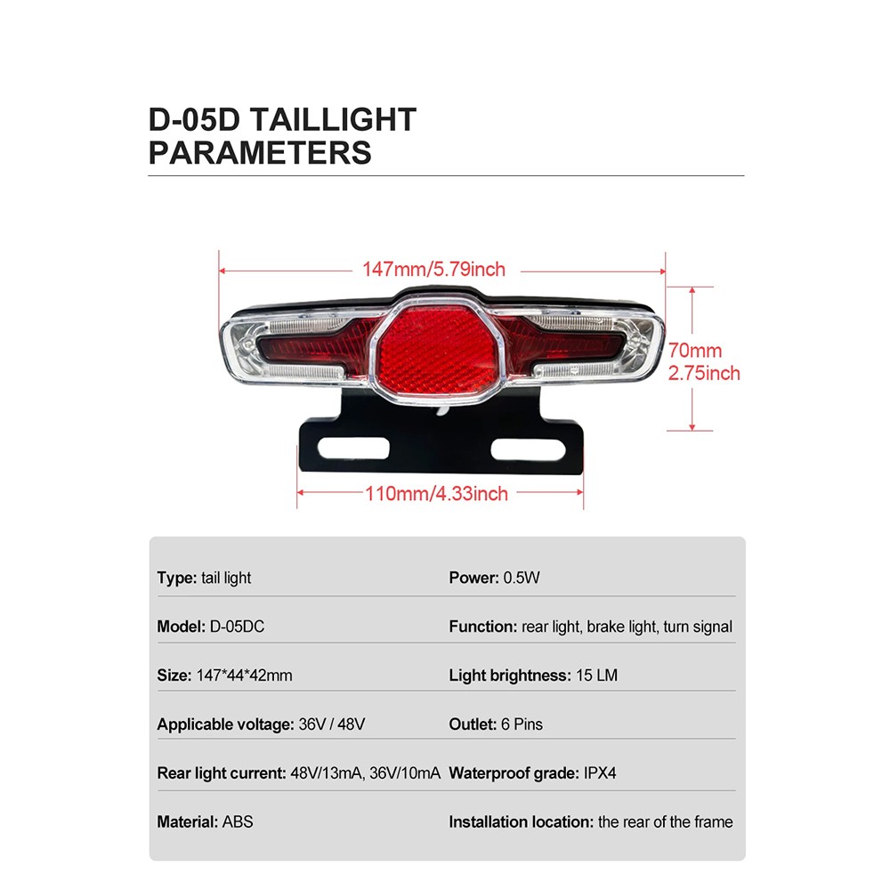 Ebike Headlight and Tail Light Set 36V/48V with Horn Bracket Waterproof Cable