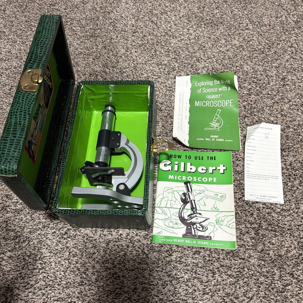 Vintage Gilbert Microscope Set 1950's-Green Case  10"X 5"X 5" (PARTIAL SET)
