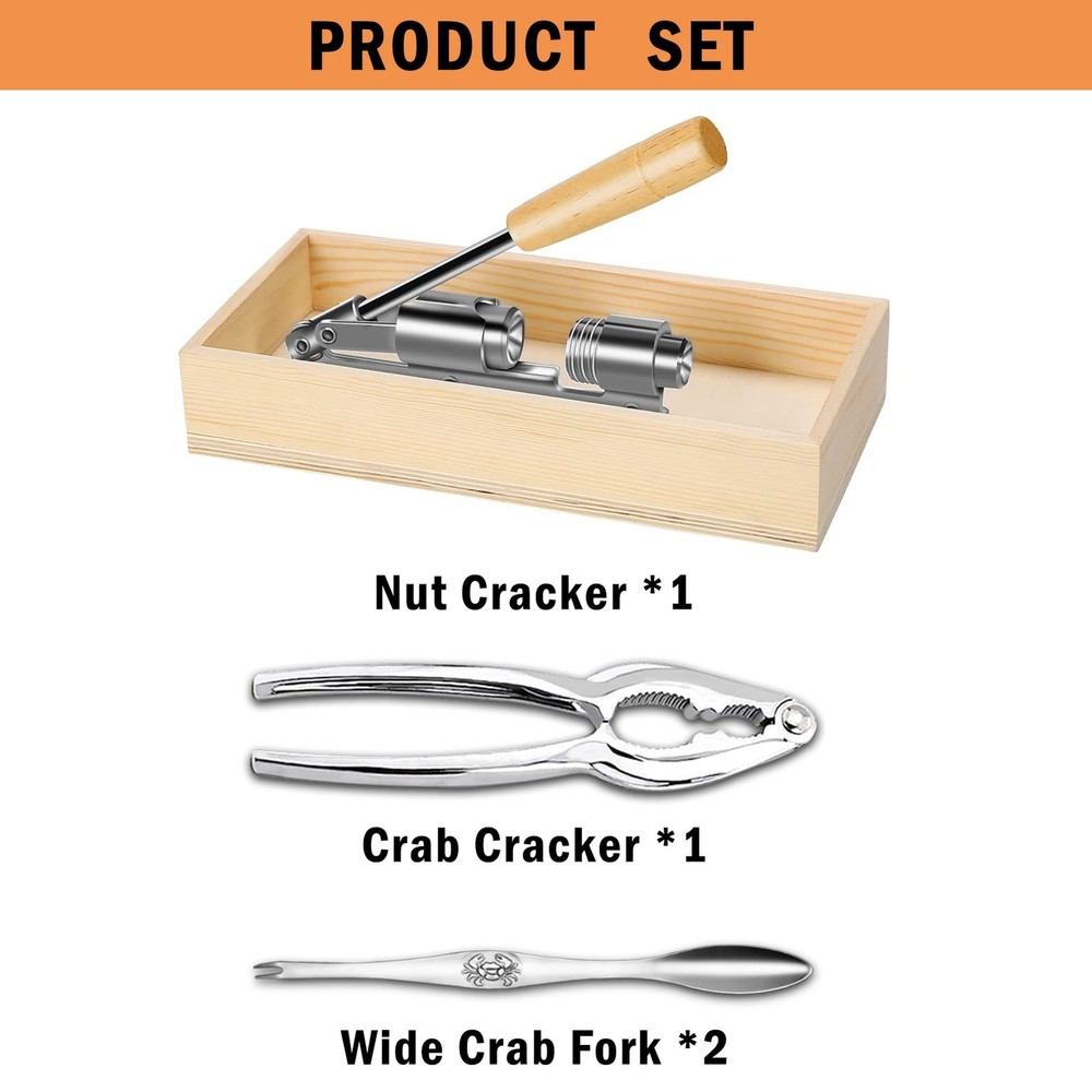 Pecan Nut Cracker Tool with Crab Forks Wood Base Heavy Duty