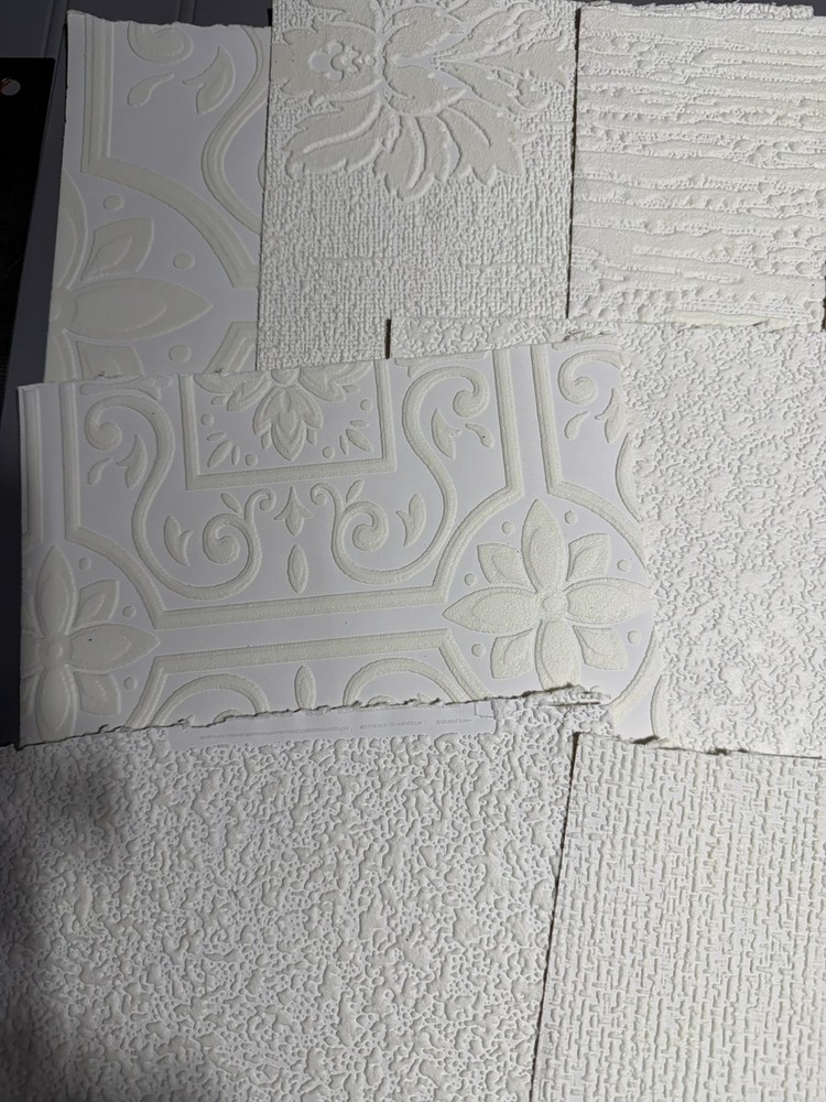 10 Assorted Vintage Textured White Wallpaper Samples / Remnants. Set 4.