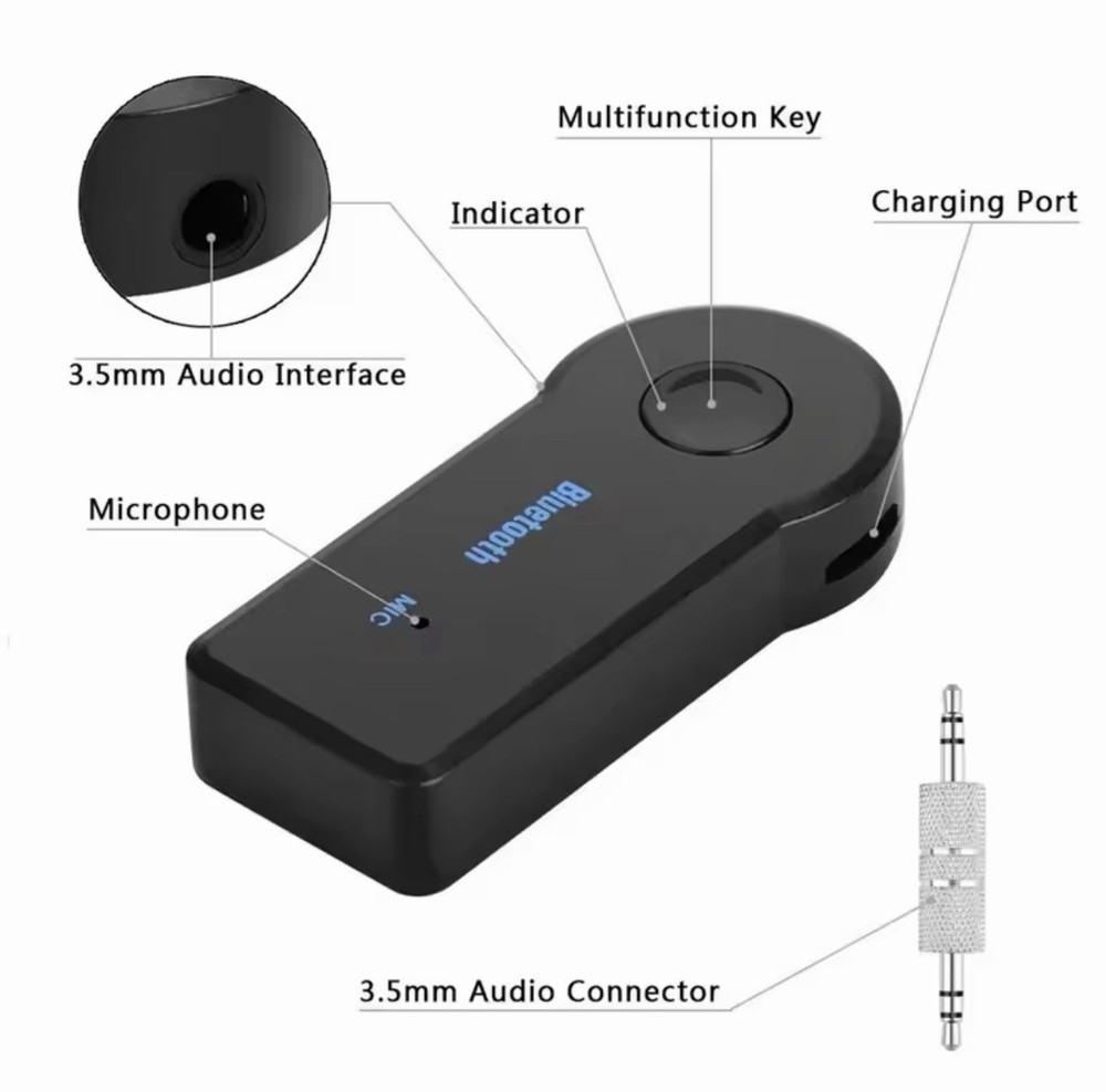 Bluetooth Wireless Audio Receiver, Microphone, Charging, 3.5mm Connector, Black