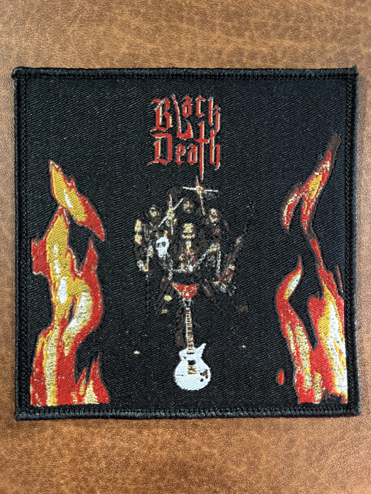 BLACK DEATH, SEW ON BLACK BORDER WOVEN PATCH