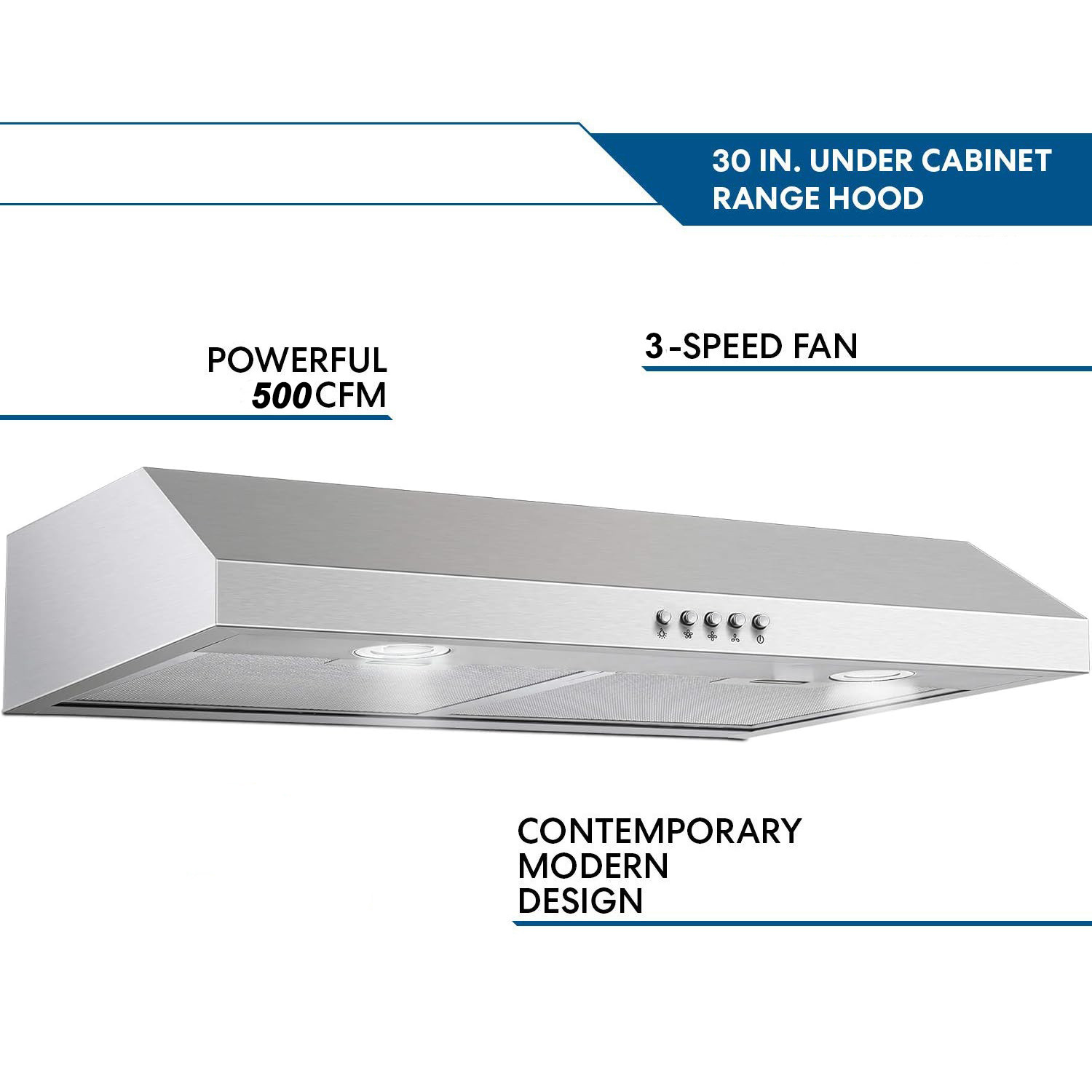 SNDOAS 30 inch Kitchen Under Cabinet Range Hood 600CFM Stainless Steel 3-Speed