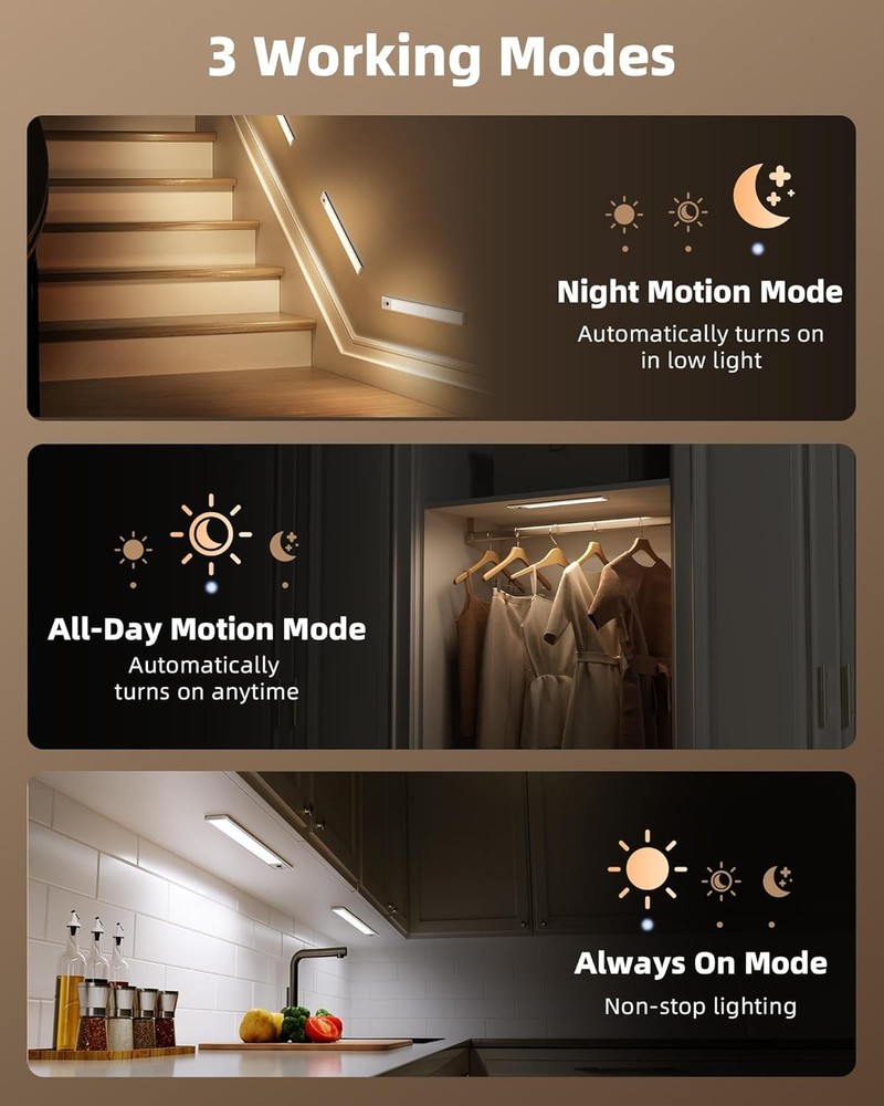 4 Pack Under Cabinet Lights Motion Sensor Rechargeable Dimmable 3 Color LED