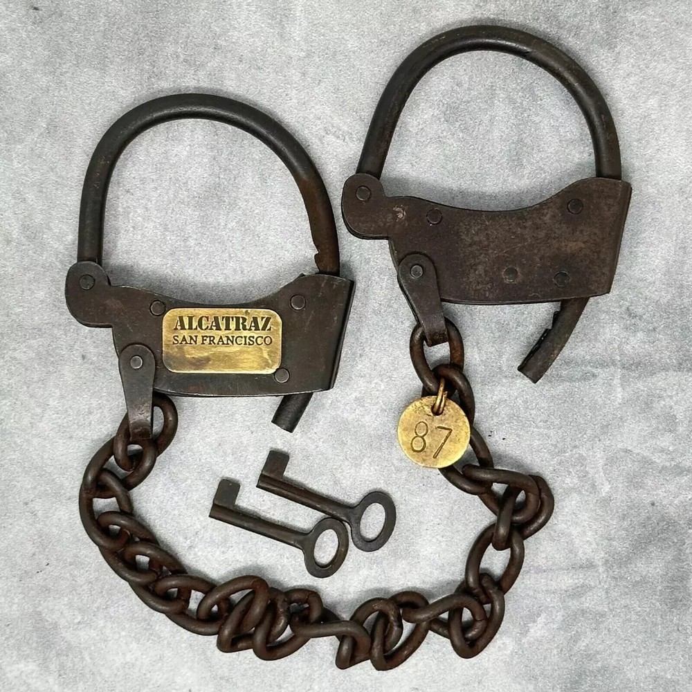 Handcuffs Iron Adjustable Cuffs with Chain & Antique Alcatraz Prison