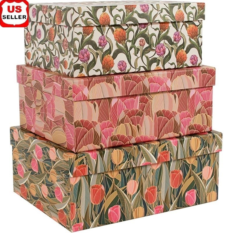 Elegant Floral Storage Boxes Set Stackable Nesting Organizers Home Office Decor