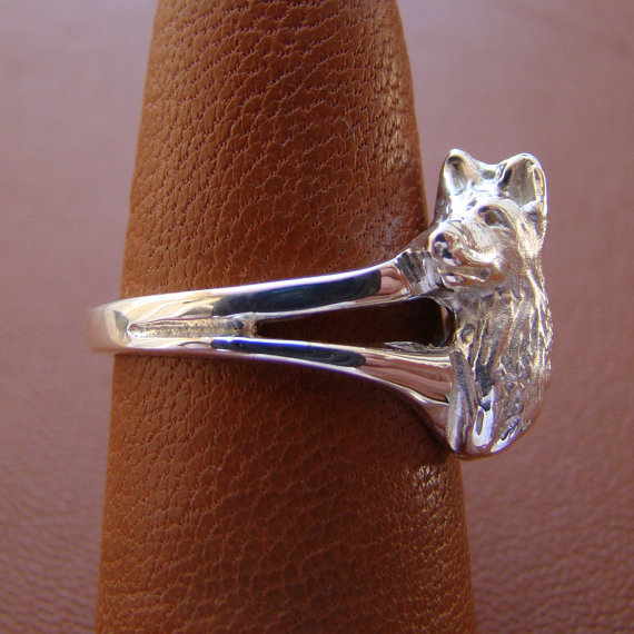Small Sterling Silver German Shepherd Dog Head Study Ring
