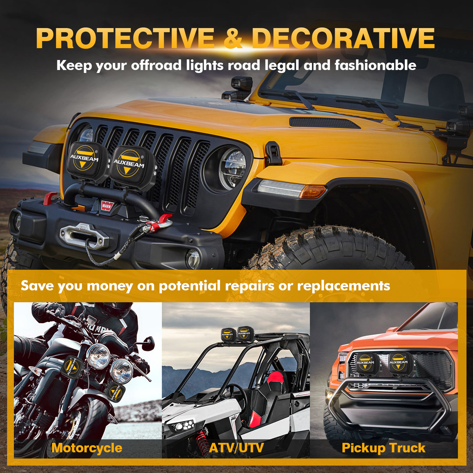 AUXBEAM 5" 132W 15600LM LED Driving Lights Pods Off Road Amber DRL+Black Covers