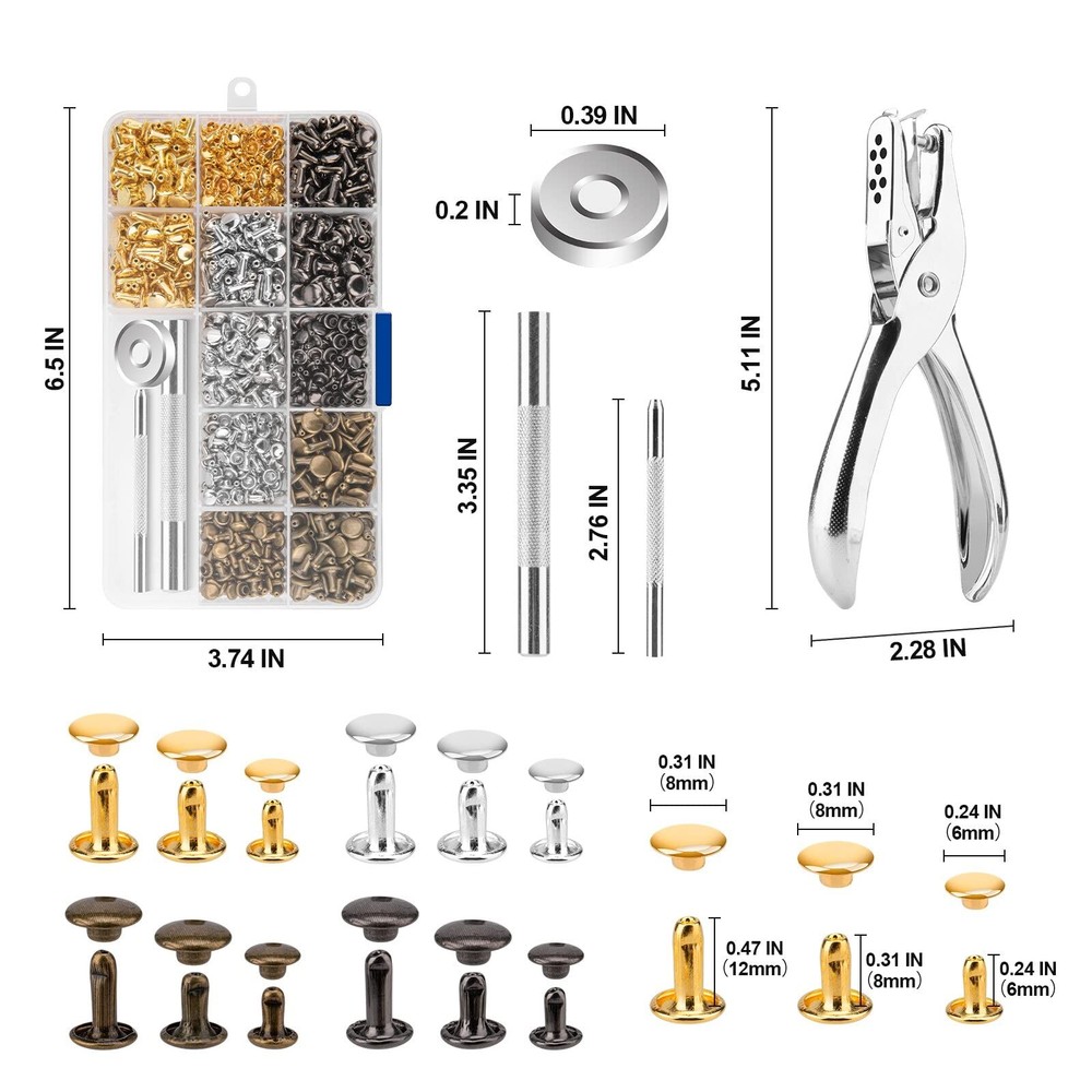480 Sets Rivets for Leather, 4 Colors 3 Sizes Leather Rivet, Double Cap Rivet...