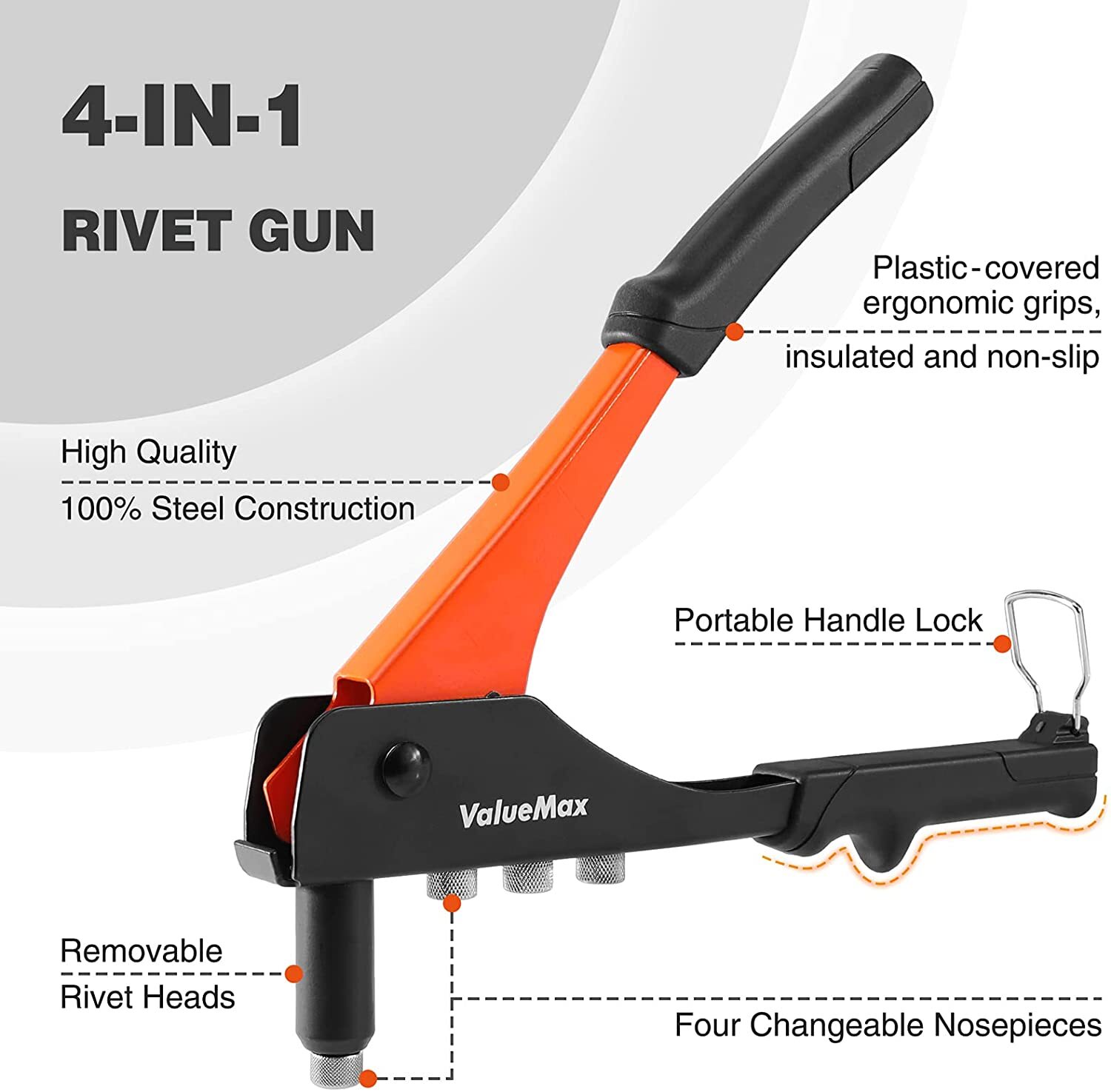 ValueMax 4-in-1 Hand Riveter/Rivet Gun Pop Rivet Tool Kit with 200 Rivets Steel