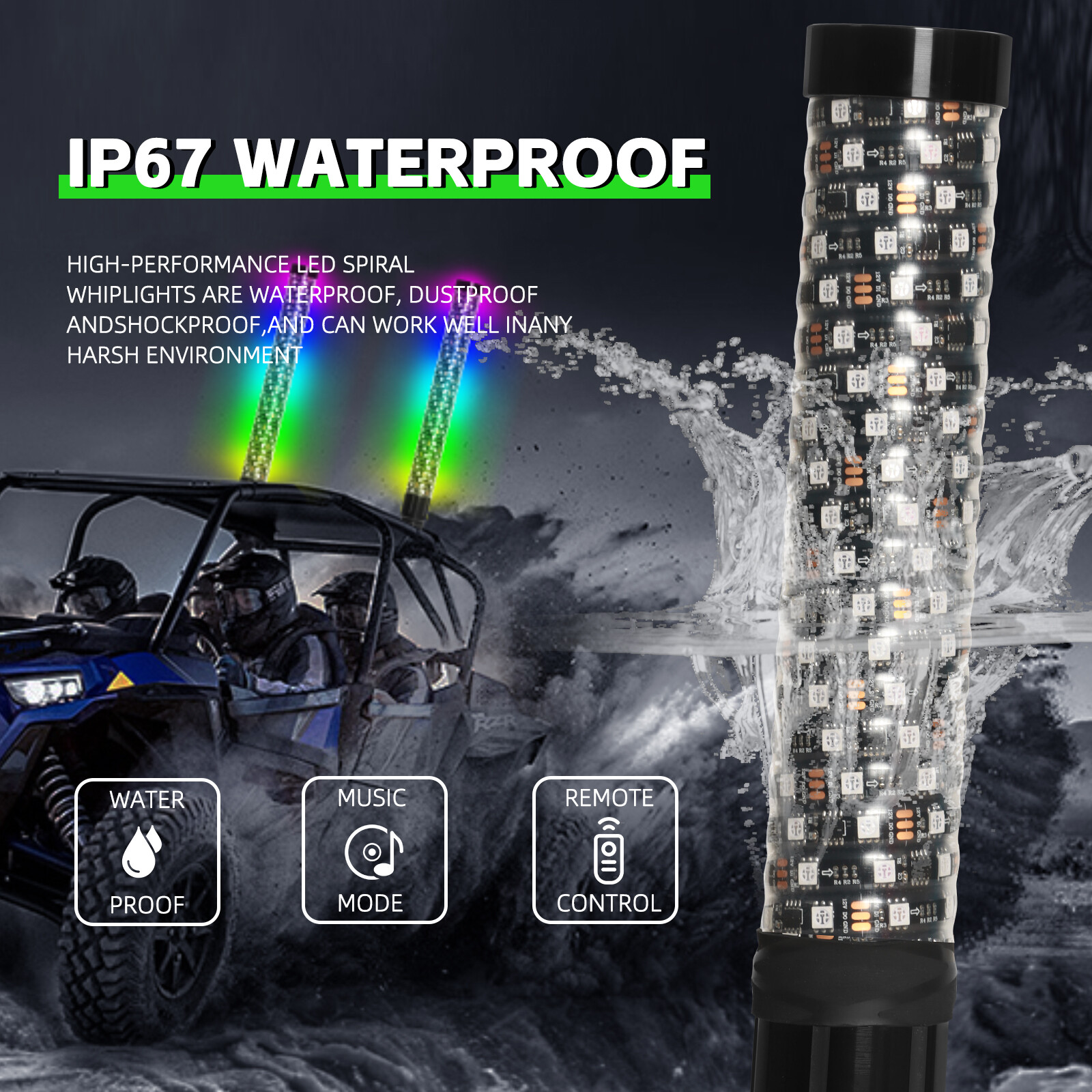 2PCS 2FT Spiral LED Fat Whip Light Antenna RGB Chasing For Can-am X3 RZR UTV ATV