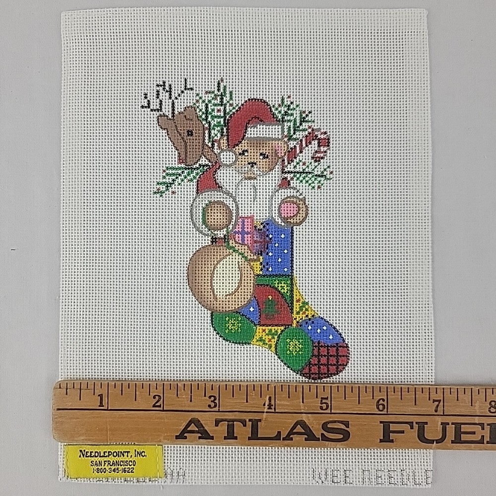 Handpainted Needlepoint Canvas XMAS Bear Stocking Ornament Candy Cane