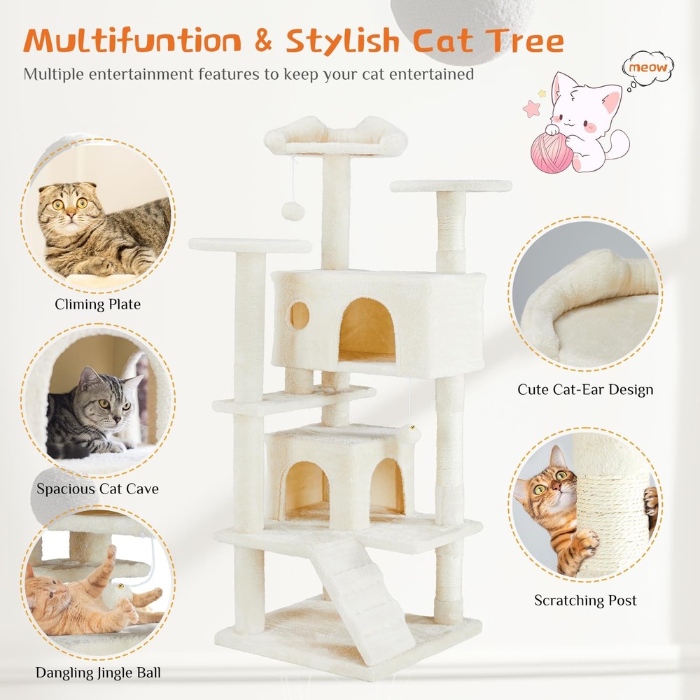 Beige 54-Inch Multi-Level Cat Tree Tower - Indoor Cat Activity Hub