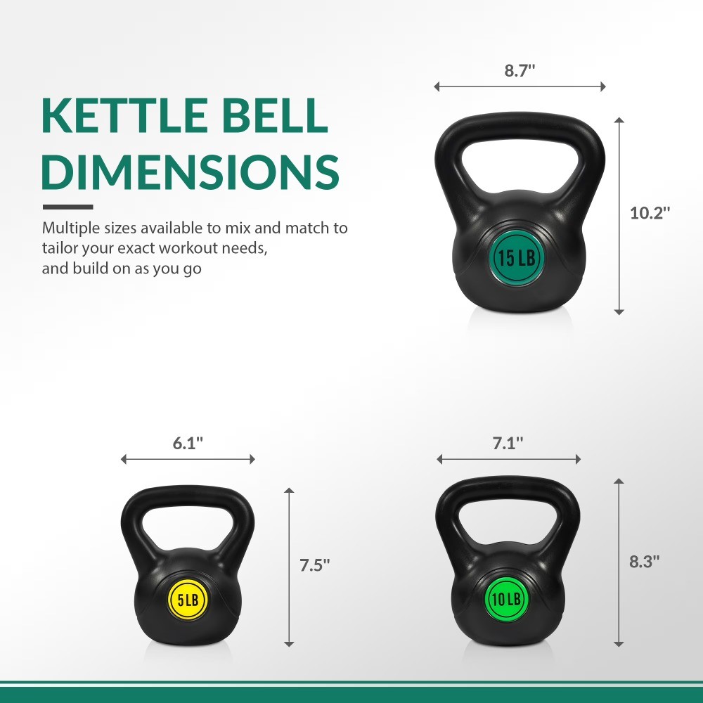 Adjustable Sand-Filled Kettlebell Set, Black, Color-Coded Yellow/Green/Blue