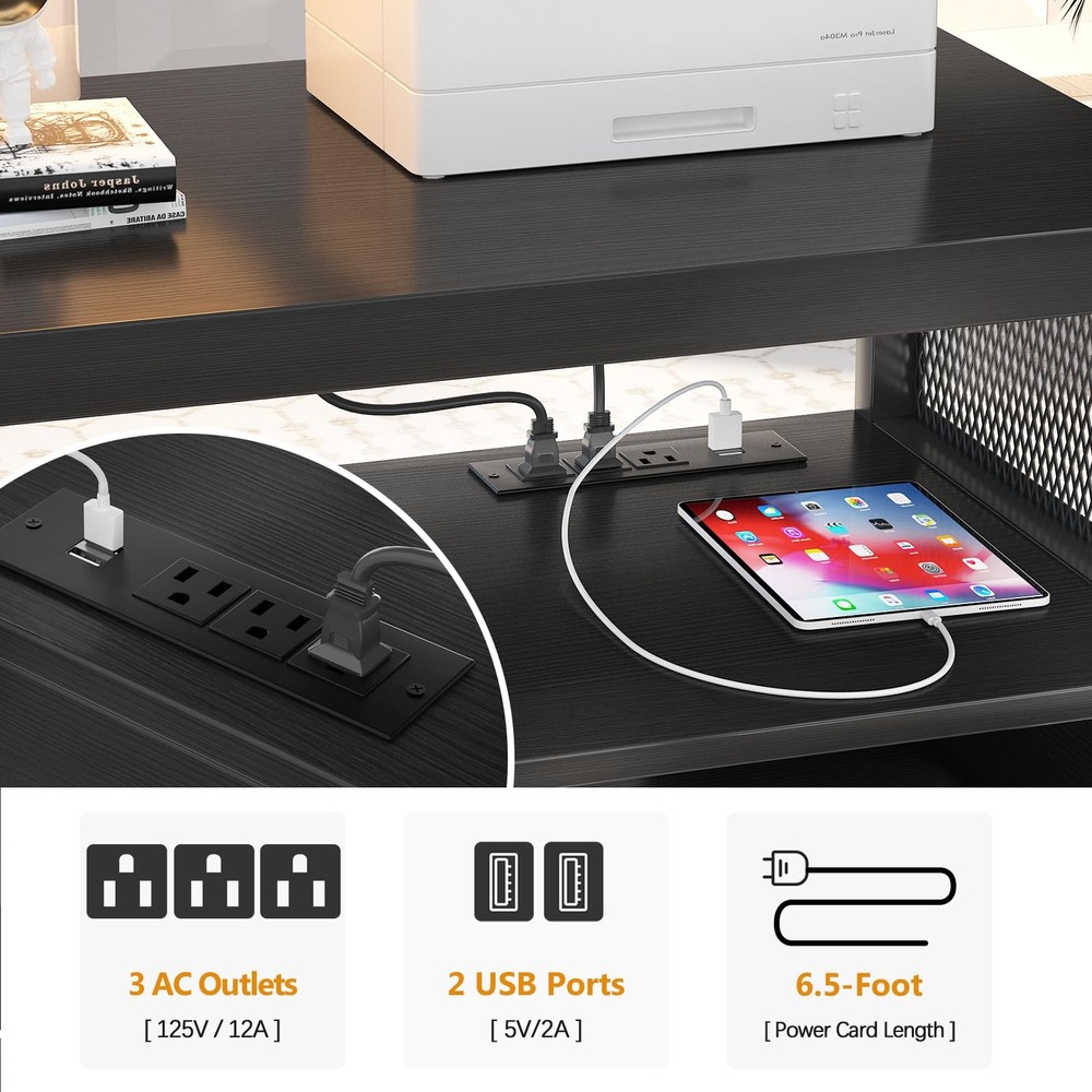 Locking Lateral File Cabinet with USB Charging, Rolling Printer Stand, Black