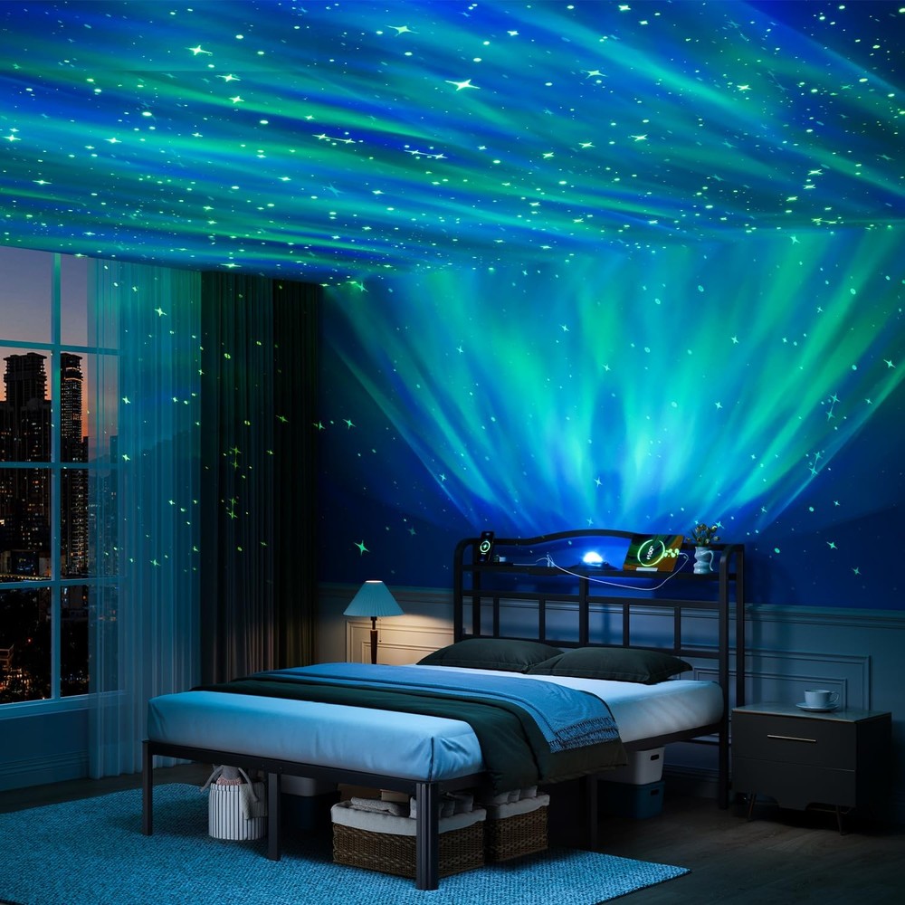 Full Bed Frame - Storage Headboard with Charging Station & Galaxy Aurora Proj...