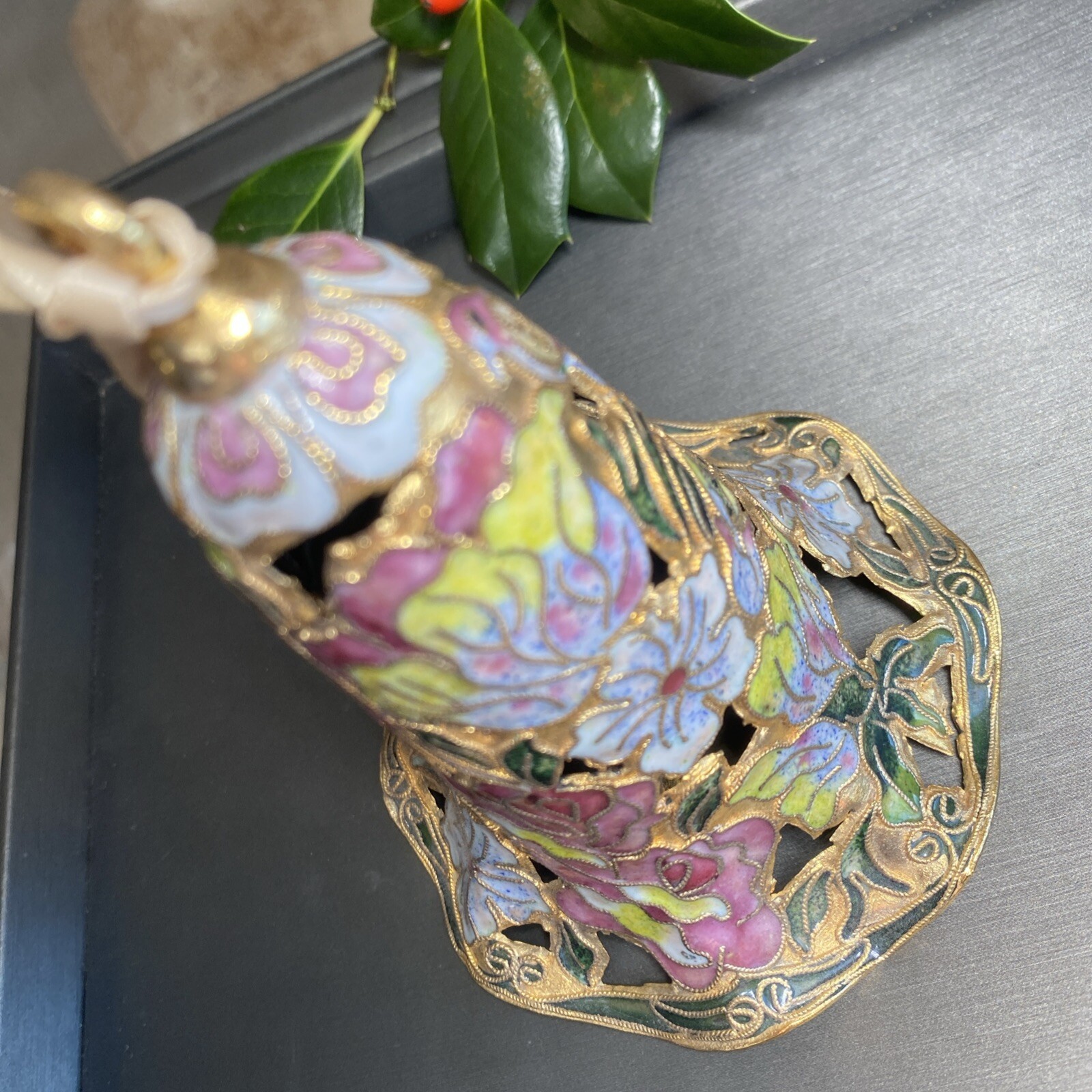 Vintage Bell Cloisonne Enamel Estate Pre-Owned Hand Crafted Bird Flower Pierced