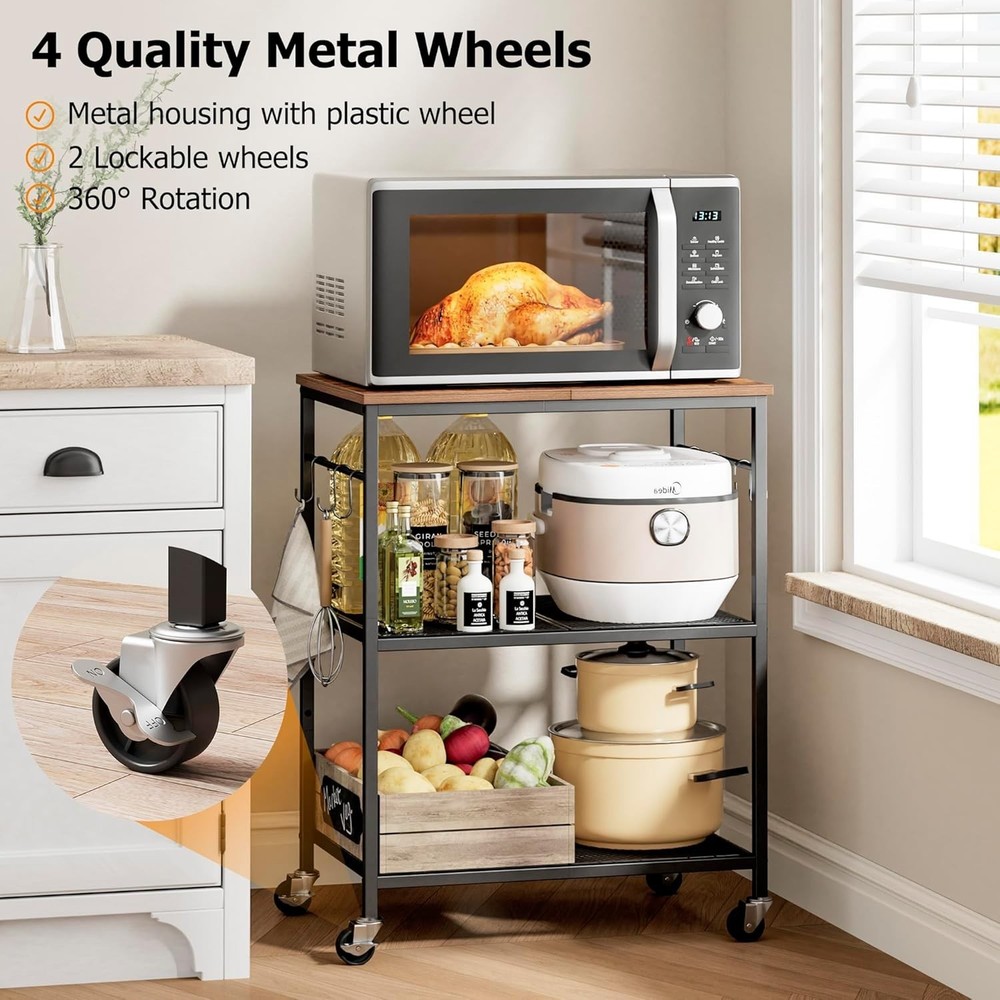 3-Tier Rolling Kitchen Microwave Cart Kitchen Utility Cart on Lockable Wheels