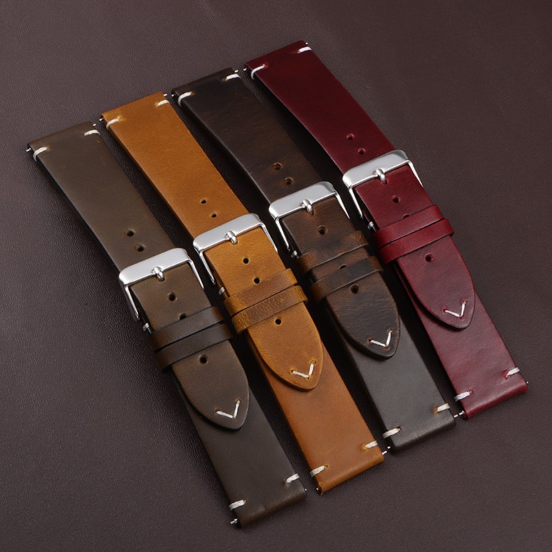 Vintage Oil Waxed Cowhide Watch Strap Quick Release genuine Leather band 18-24mm