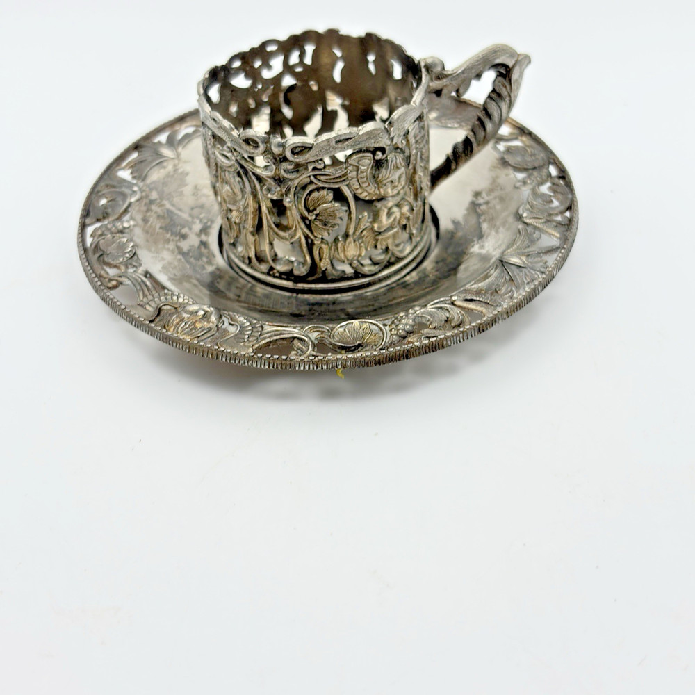 Silver Plated Demitasse Cup Holder And Plate Ornate Metal Vintage Handle