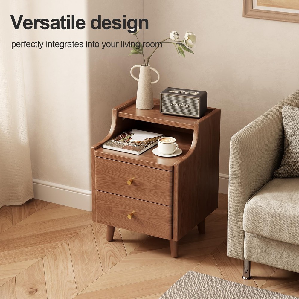 Narrow Nightstand with 2 Drawers,Walnut Nightstand,Bedside Table,Solid Wood M...