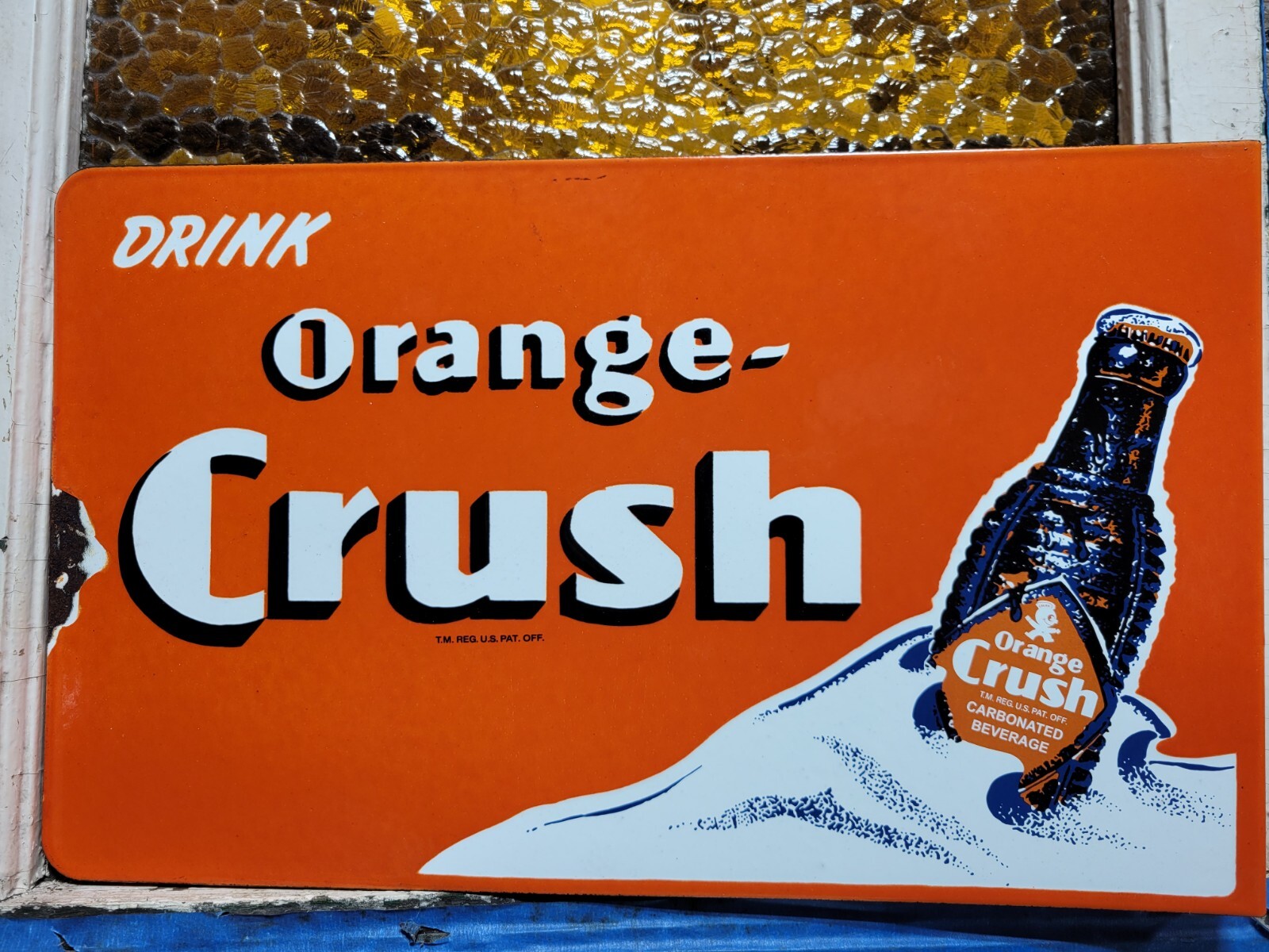 VINTAGE ORANGE CRUSH PORCELAIN SIGN OLD SODA FLANGE COLA BEVERAGE DRINK FOOD 20"