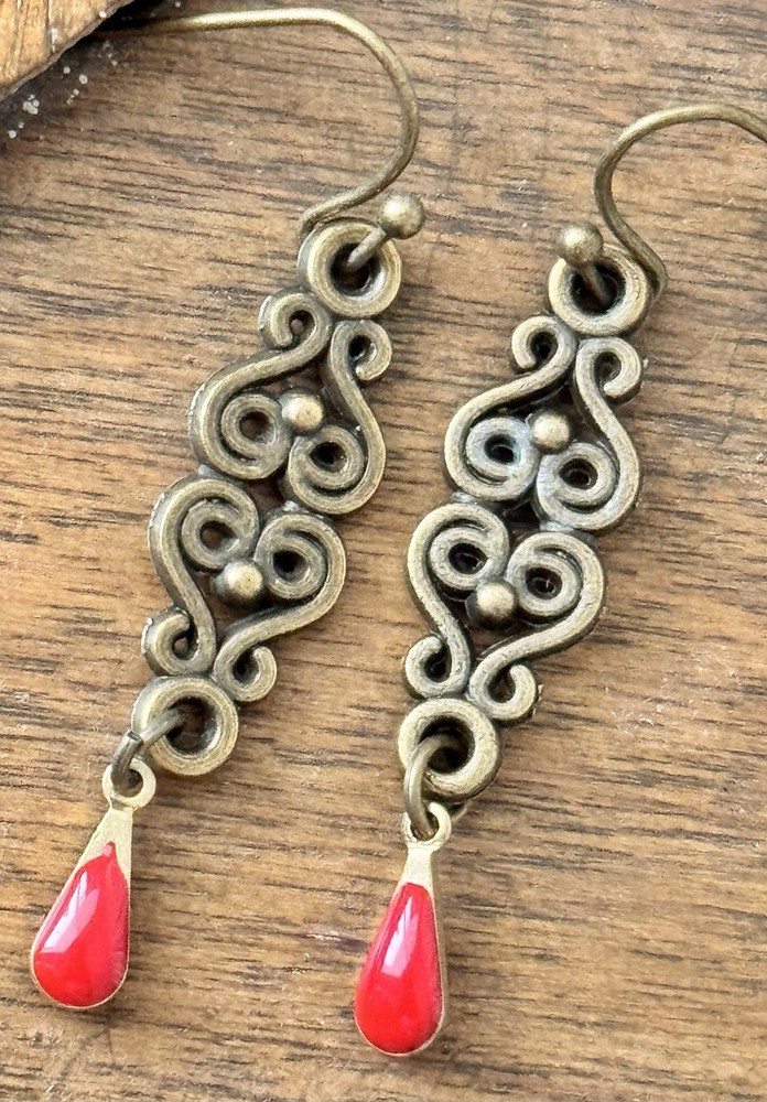 Etched Bronze Design with Red Teardrop Dangle Earrings.