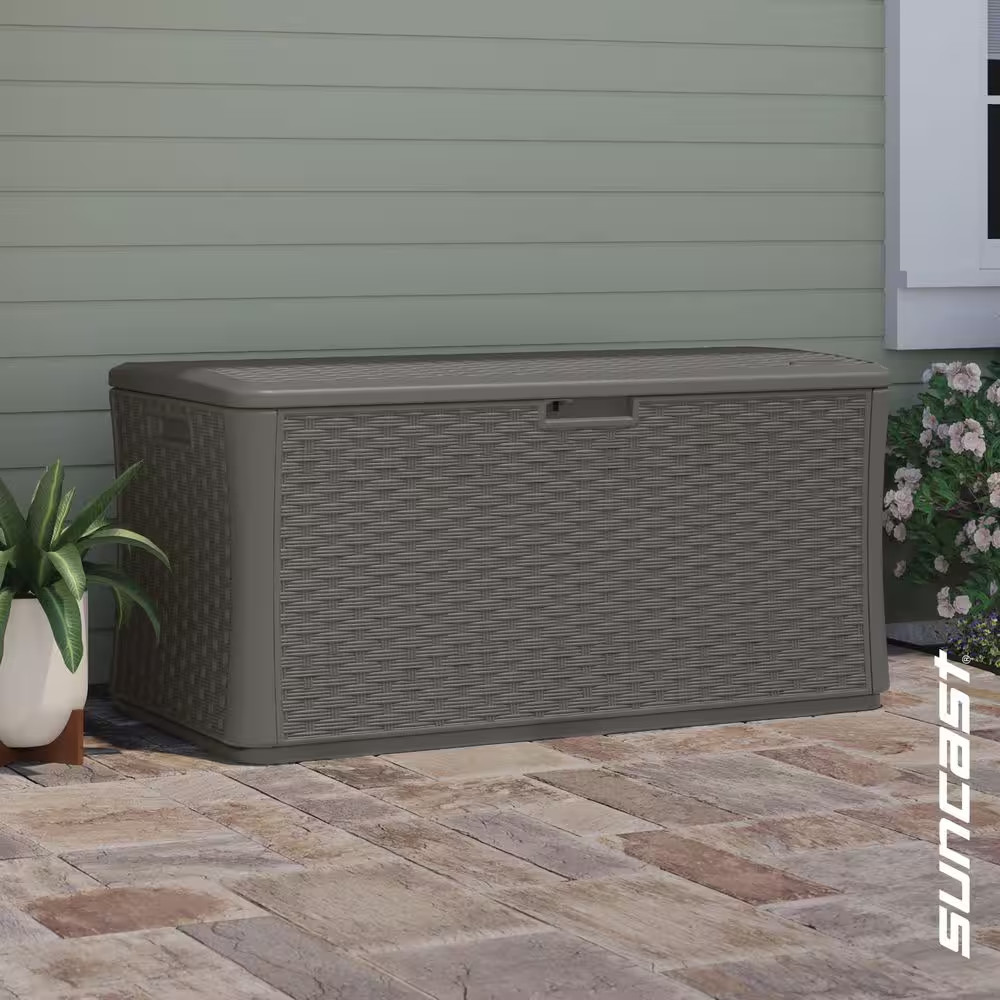 134 Gal. Plastic Wicker Deck Box - Stoney