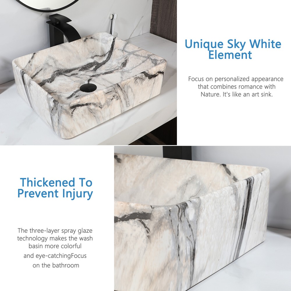 Bathroom Marble Vessel Sink White Black Rectangular Basin With Faucet Drain Set