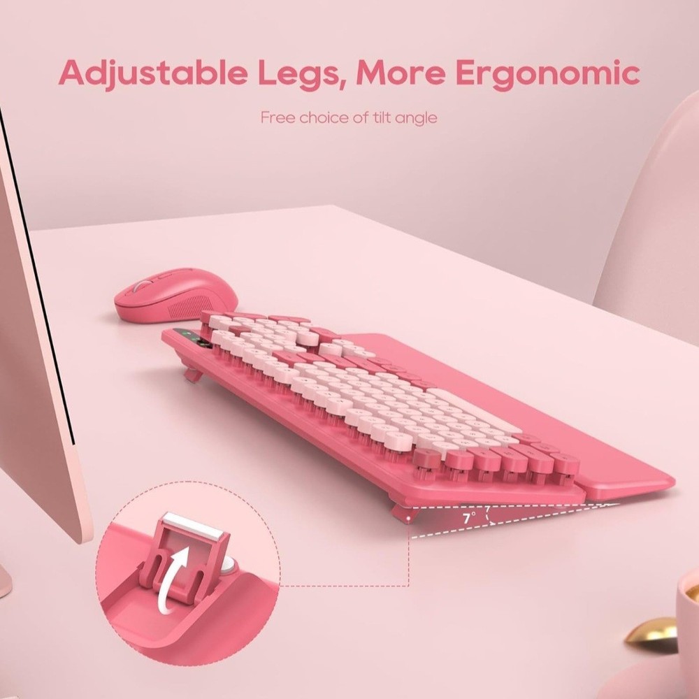 Wireless Keyboard and Mouse Combo - Round Keycaps, Full-Size Retro Typewriter...