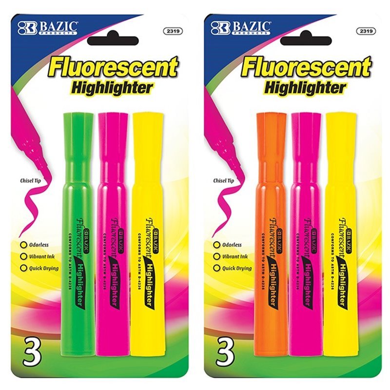 BAZIC Desk Style Fluorescent Highlighters (3/Pack)