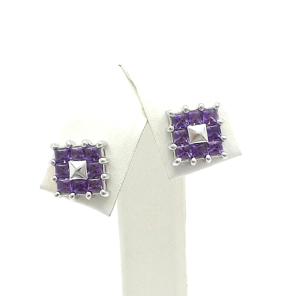 Solid 18k Gold Princess Cut Square Setting Stud Earrings Natural Amethyst New