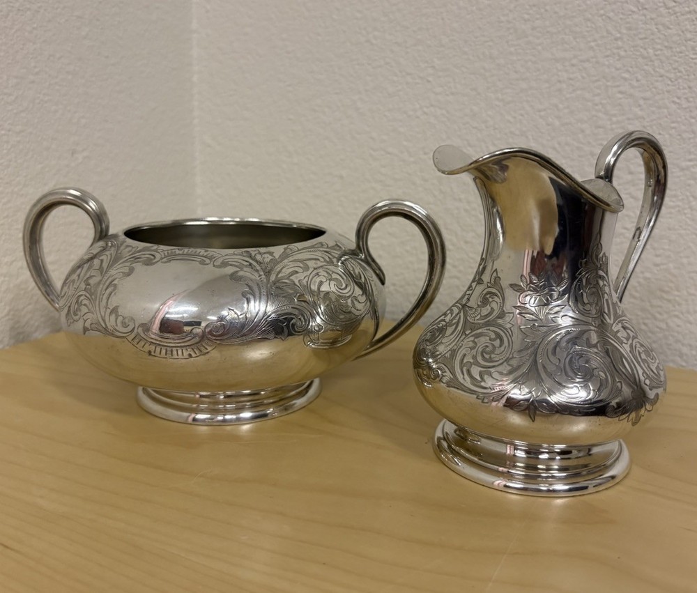 CIRCA 1875 ELKINGTON VICTORIAN CREAM & SUGAR SET CHASED