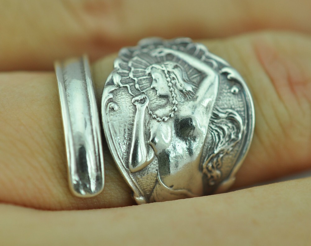 Solid 925 Sterling Silver Nude Venus Girl Lady Adjustable Spoon Ring