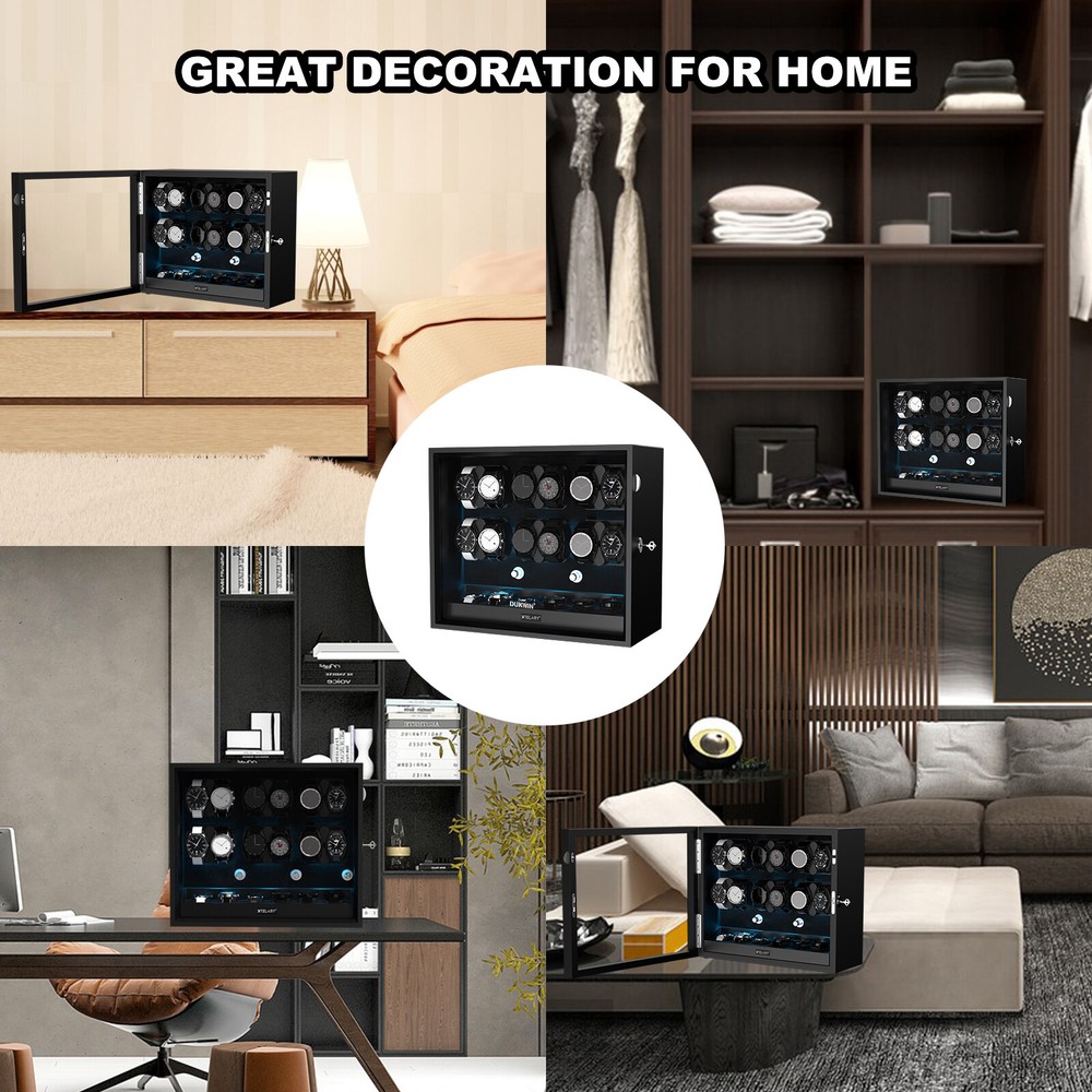 Automatic 12 Watch Winder Display Case With Blue LED Light With 6 Storage Box