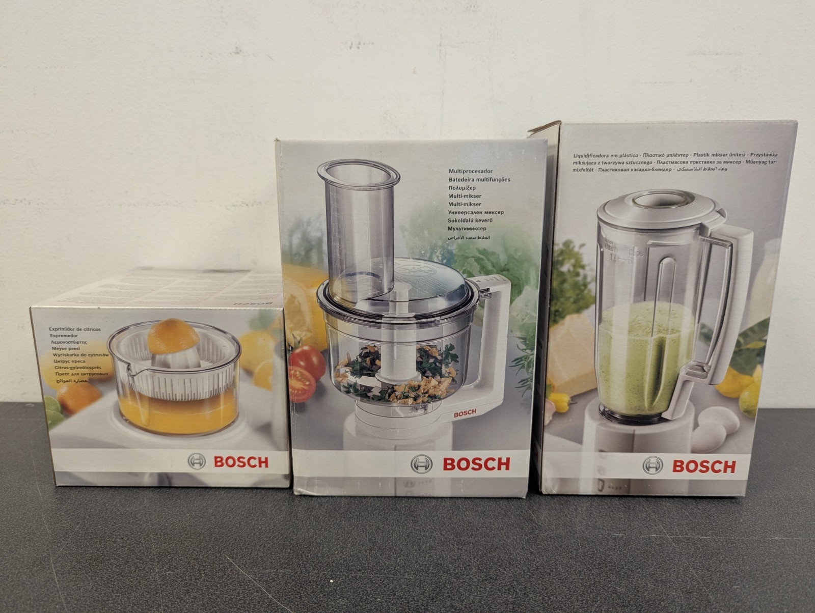 Bosch 3pc Bundle, Universal Mixer, Plastic Mixer Attachment, Citrus Press, New