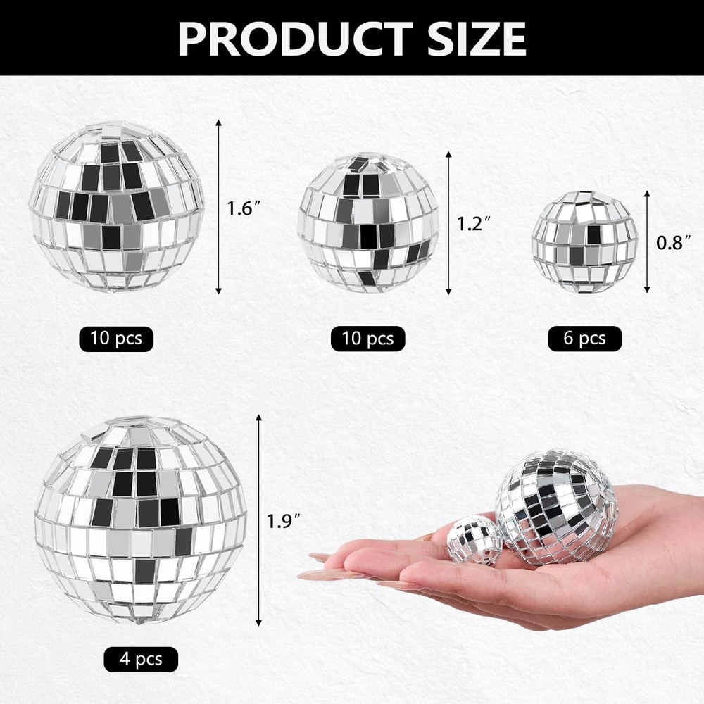 30 Pcs Mini Disco Ball Cake Decorations - 4 Sizes Silver Reflective Mirror Cu...