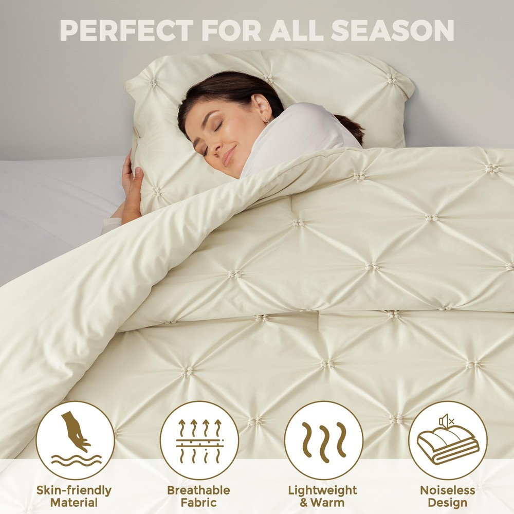 Queen Size Comforter Set Cream 3 Pieces Bed Lightweight Solid Bedding Comforters