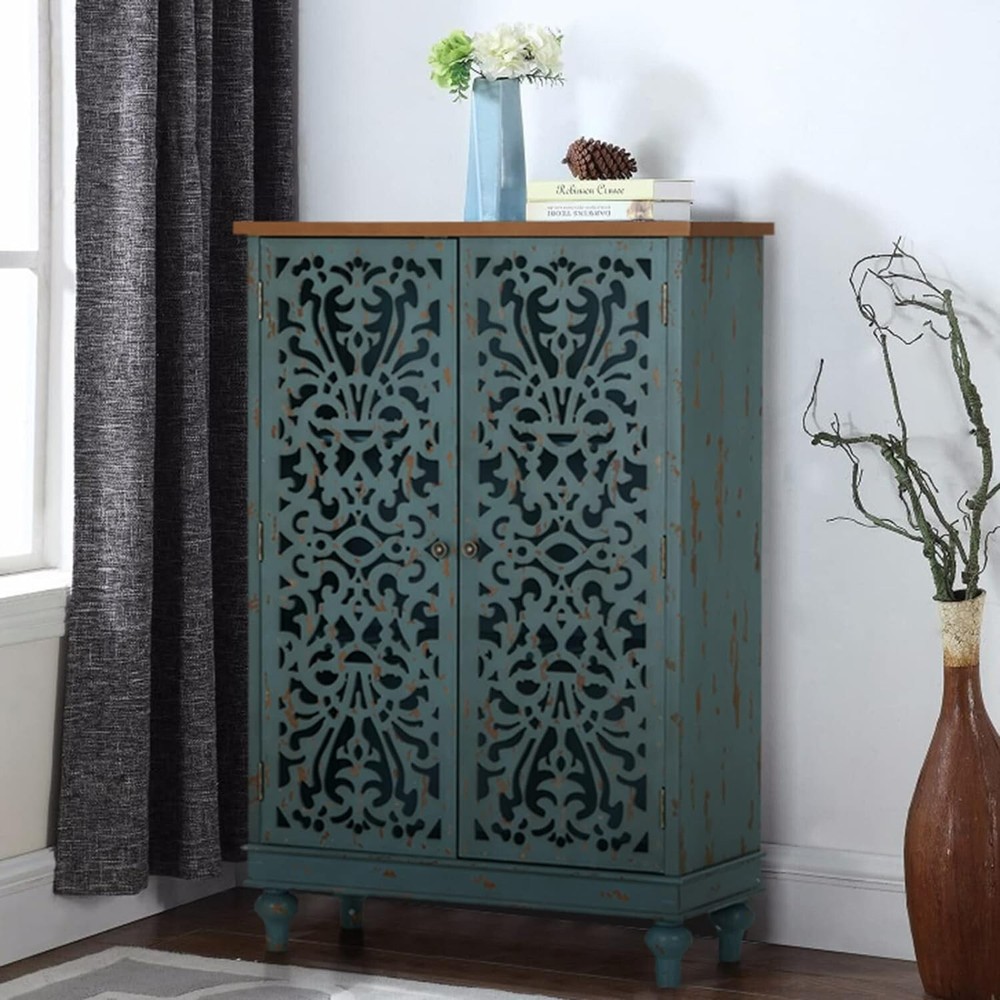 PHI VILLA 47.4" Tall Accent Distressed Cabinet Storage 2 Doors Handmade Rustic