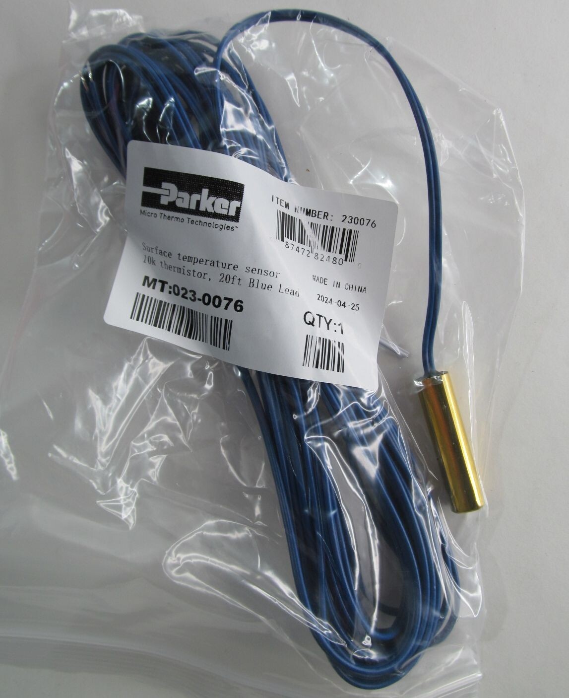 PARKER 023-0076 HVAC PIPE SURFACE TEMPERATURE SENSOR 10K THERMISTOR 20FT BLUE
