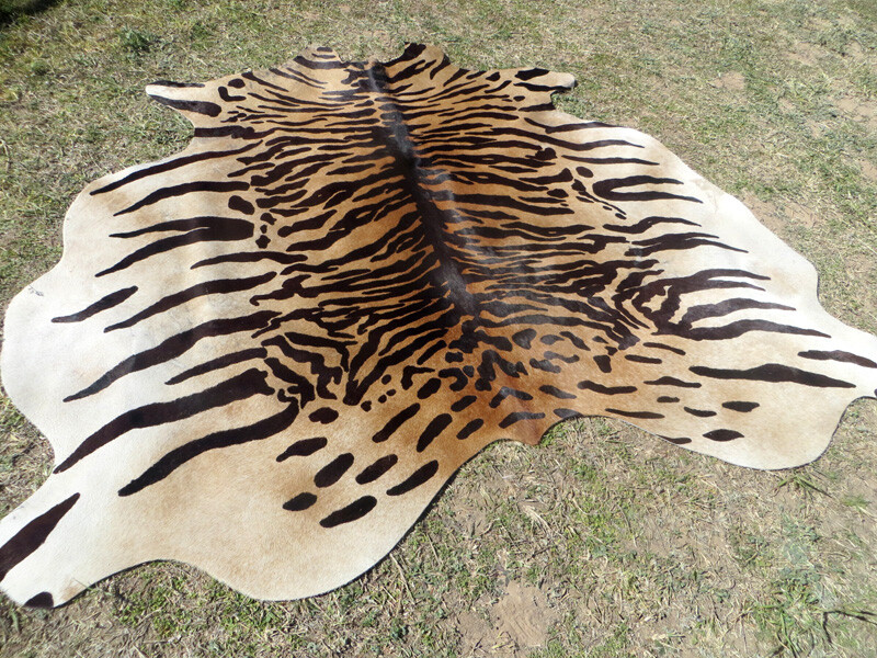 HUGE ! TIGER BENGAL print printed Cowhide Rug natural Cow Hide Skin beige zebra