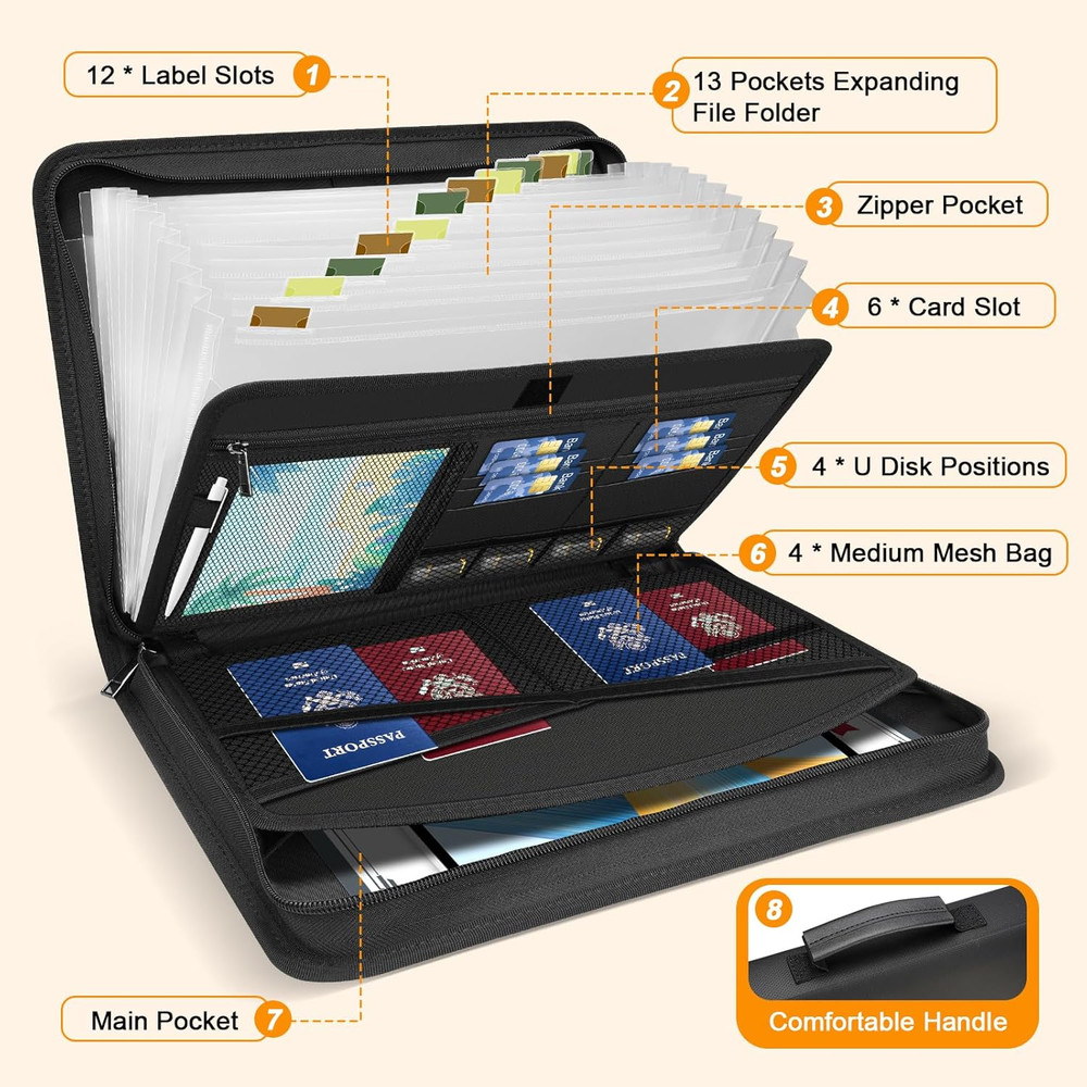 Accordion File Organizer-13 Pocket Fireproof Expanding Document Folder with Hand